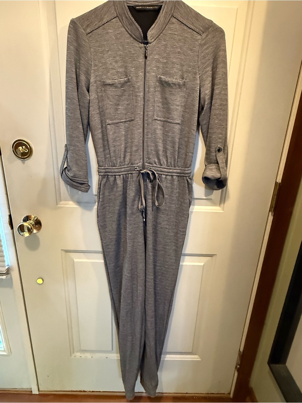 White House Black Market Light Gray Zip-Front Jumpsuit